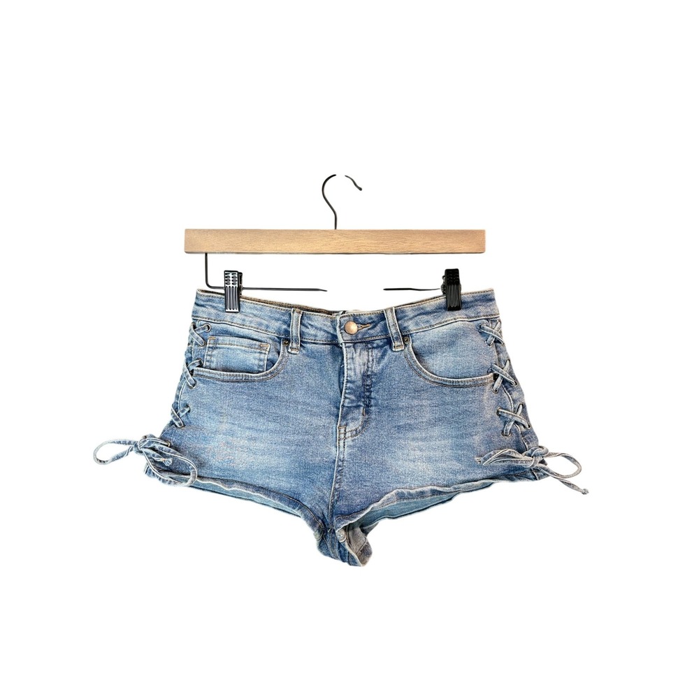 Fashion Nova Lace Up Side Denim Shorts Light Wash Blue Festival Size S